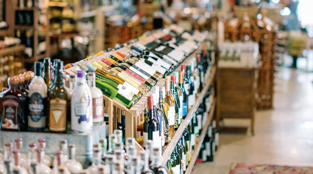 Row of wine and spirits at Madison Avenue Market
